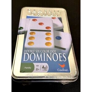 NWOT Cardinal Dominoes Classic Games Double Six Color Dot Silver Box Set